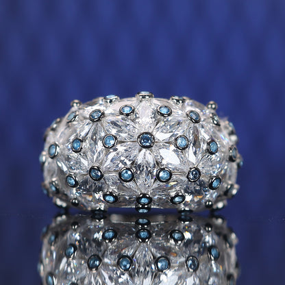 Limited edition Micro-setting clear and blue diamond color Lab created stones Bright Moon ring, sterling silver