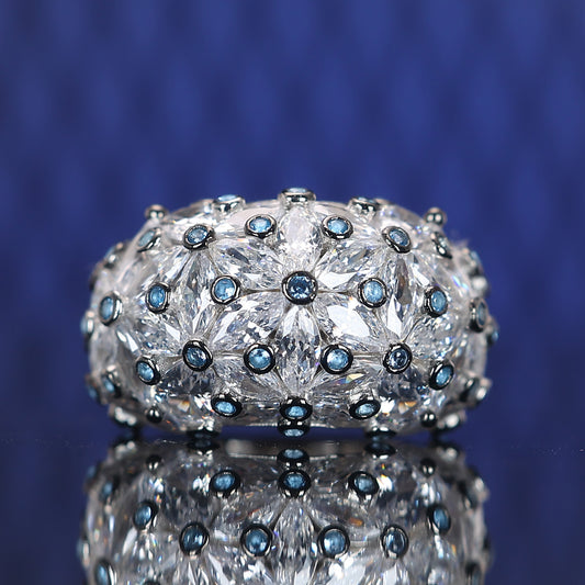 Limited edition Micro-setting clear and blue diamond color Lab created stones Bright Moon ring, sterling silver