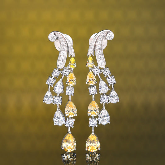 Micro-setting Yellow and white diamonds color Lab created stones teardrop earrings, sterling silver