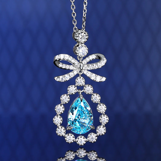 Micro-setting Aquamarine color Lab created stones Santa Maria Stars necklace, sterling silver.