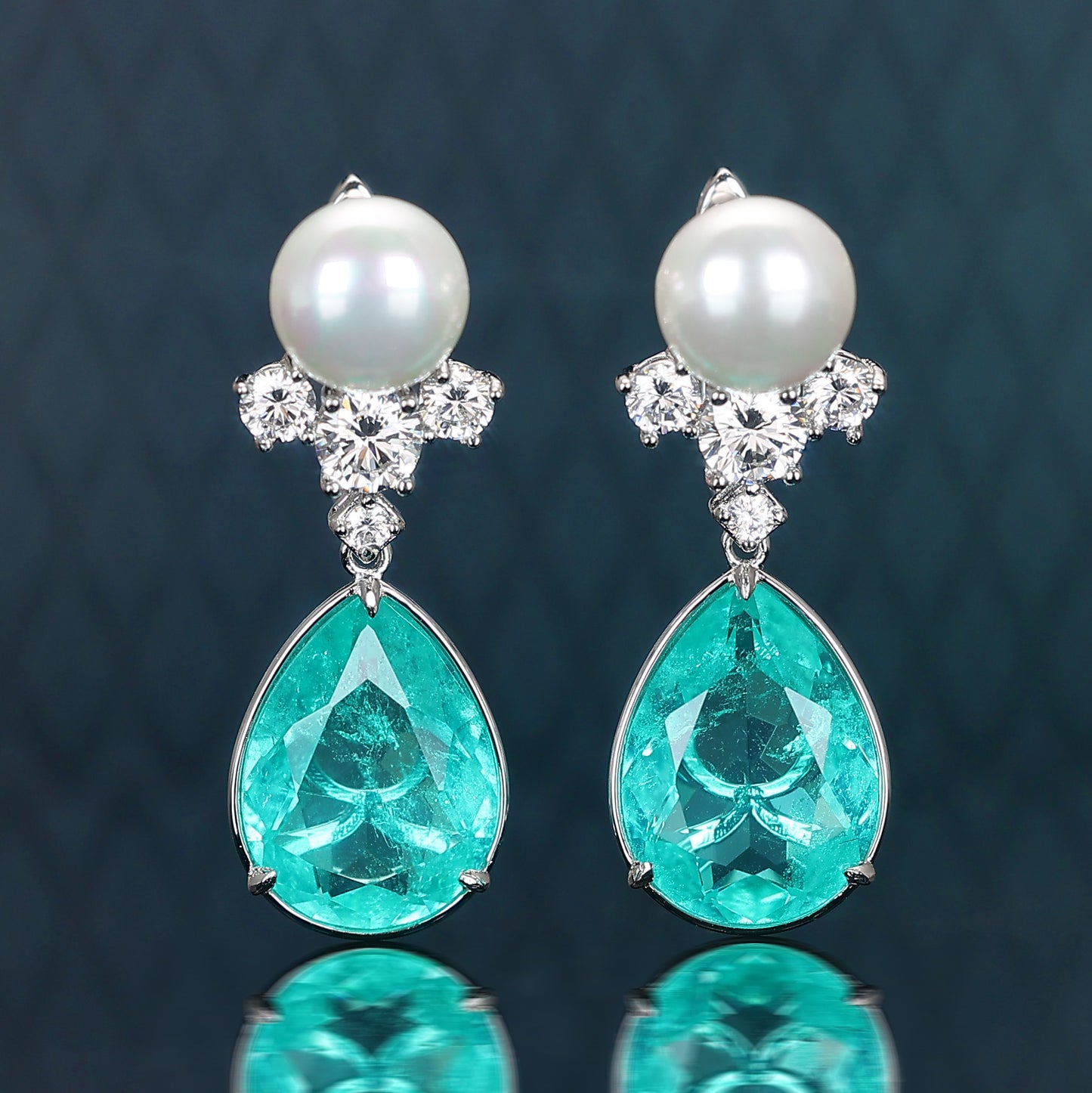 Micro-setting Paraiba color Lab created stones Teardrop earrings, sterling silver