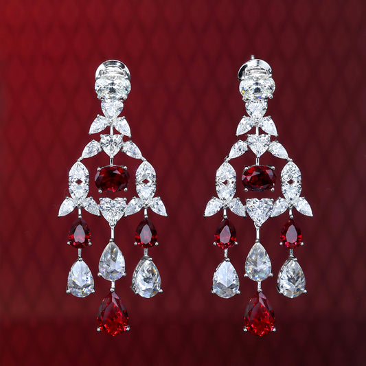 Micro-setting Ruby color Lab created stones teardrop fancy Palace style earrings, sterling silver