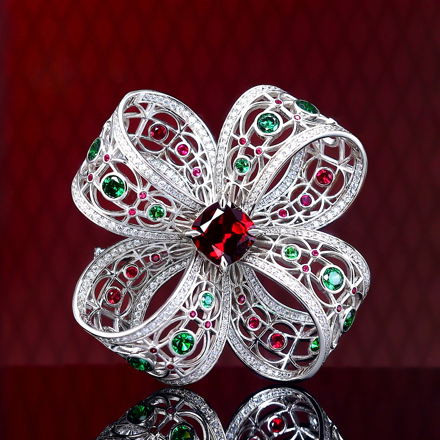 Micro-setting Fancy Ruby color Lab created stones bowknot brooch, sterling silver