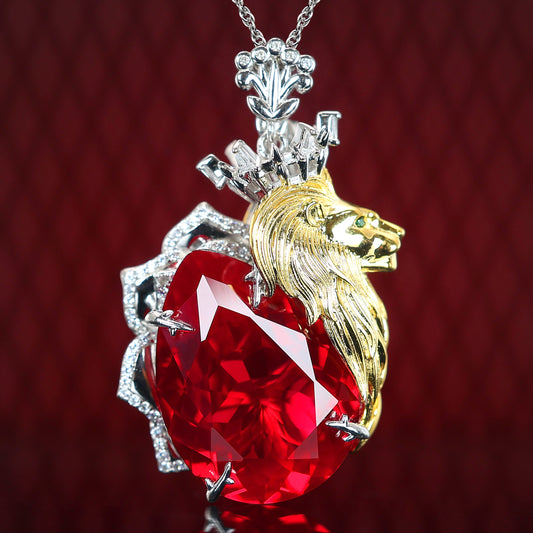 Micro-setting Ruby color lab created stones Double platting the lion king pendant, sterling silver