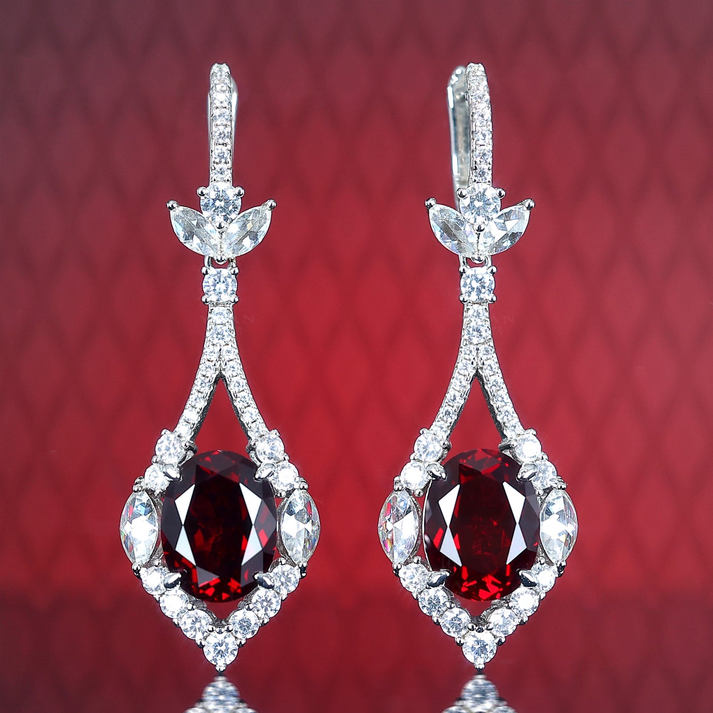 Micro-setting Ruby color lab created stones fancy earrings, sterling silver.