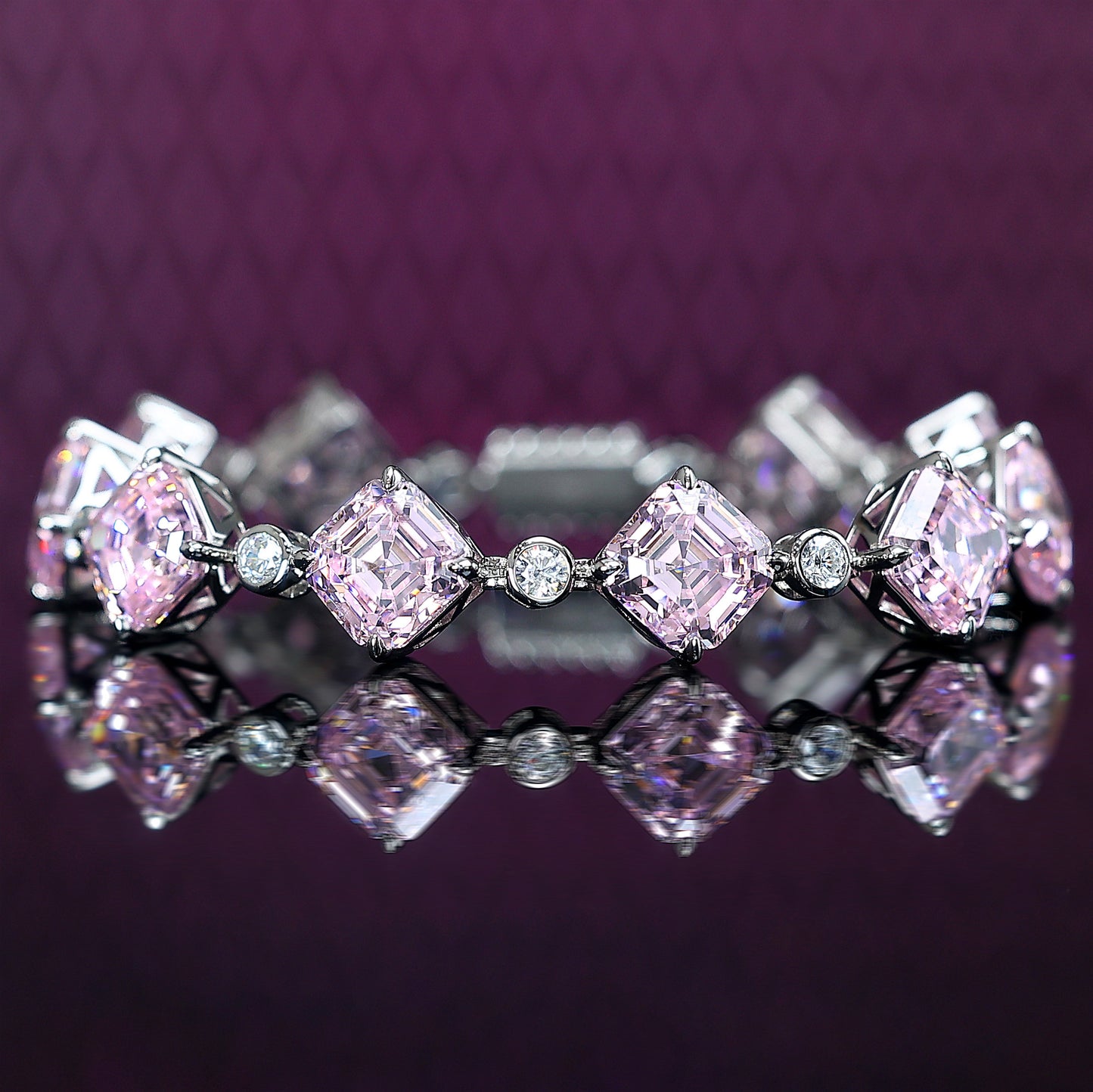 Micro-setting Light pink diamond color Asscher-cut fully studded bracelet, sterling silver