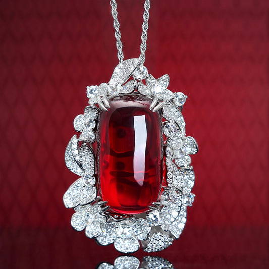 Micro-setting Ruby color Lab created stones big Oval shape petals lace cabochon necklace, sterling silver.  (200 carat)