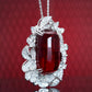 Micro-setting Ruby color Lab created stones big Oval shape petals lace cabochon necklace, sterling silver.  (200 carat)