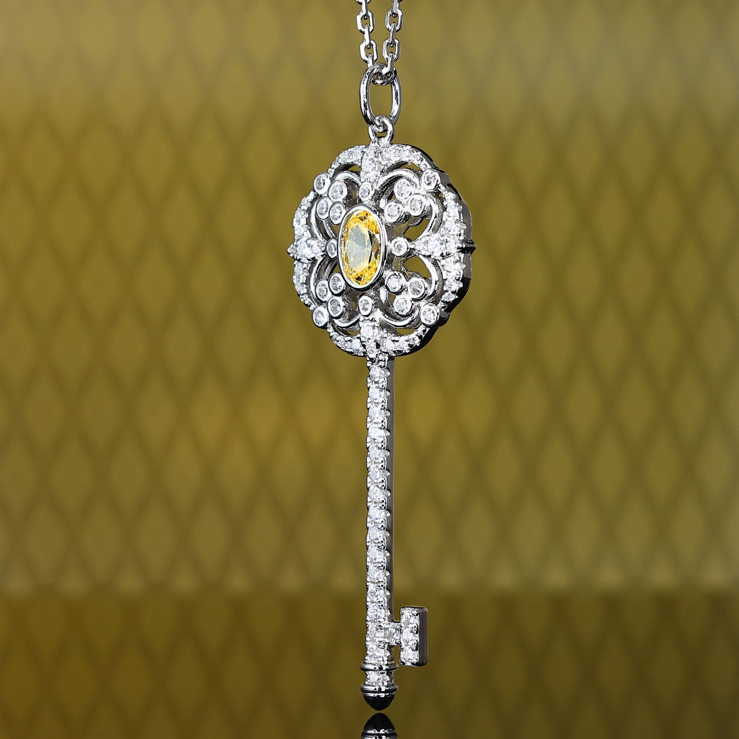 Micro-setting Yellow diamond color Lab created stones lace key detailed pendant, sterling silver.