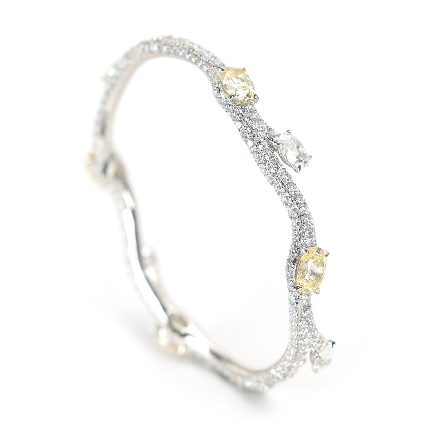 Micro-setting Yellow diamond color Lab created stones artistic bangle, sterling silver