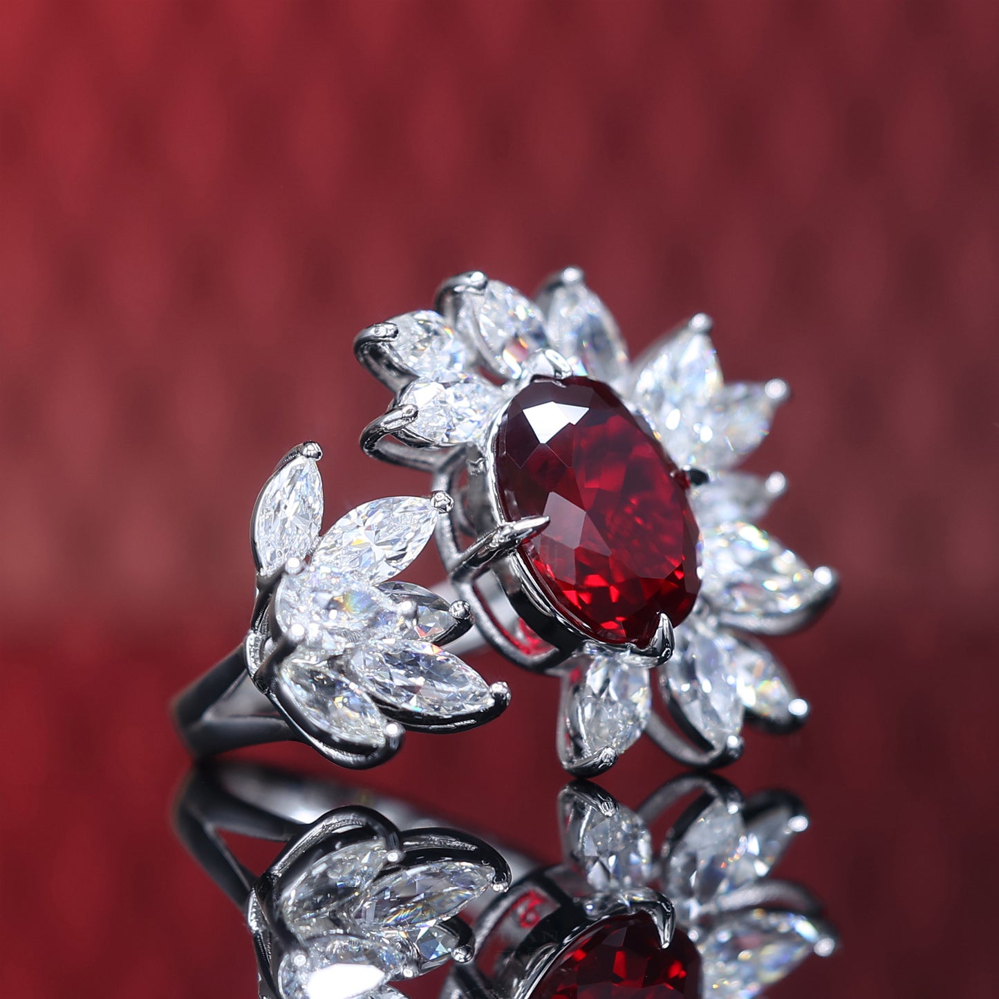 Micro-setting Ruby color Oval shape Lab created stones half flower ring, sterling silver