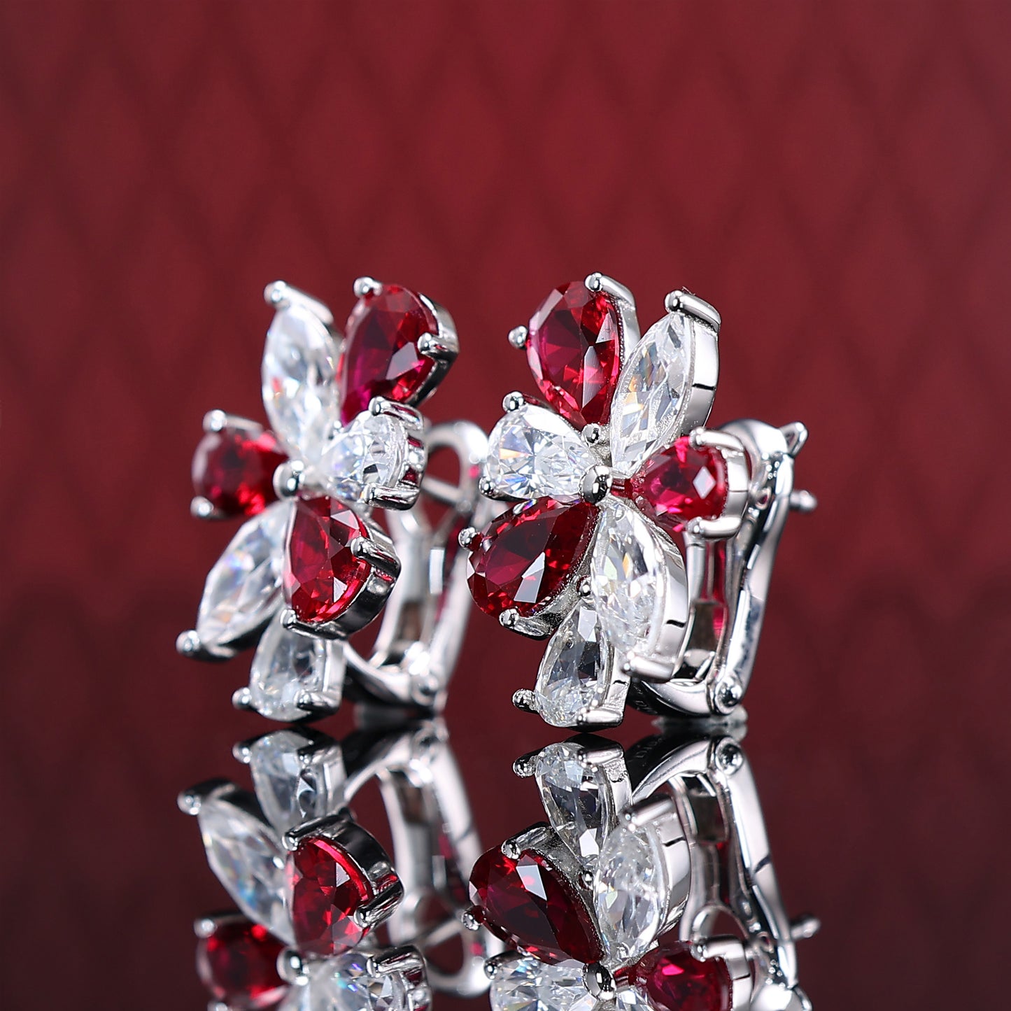 Micro-setting Ruby and diamond color Lab created stones waterdrops petal earrings, sterling silver