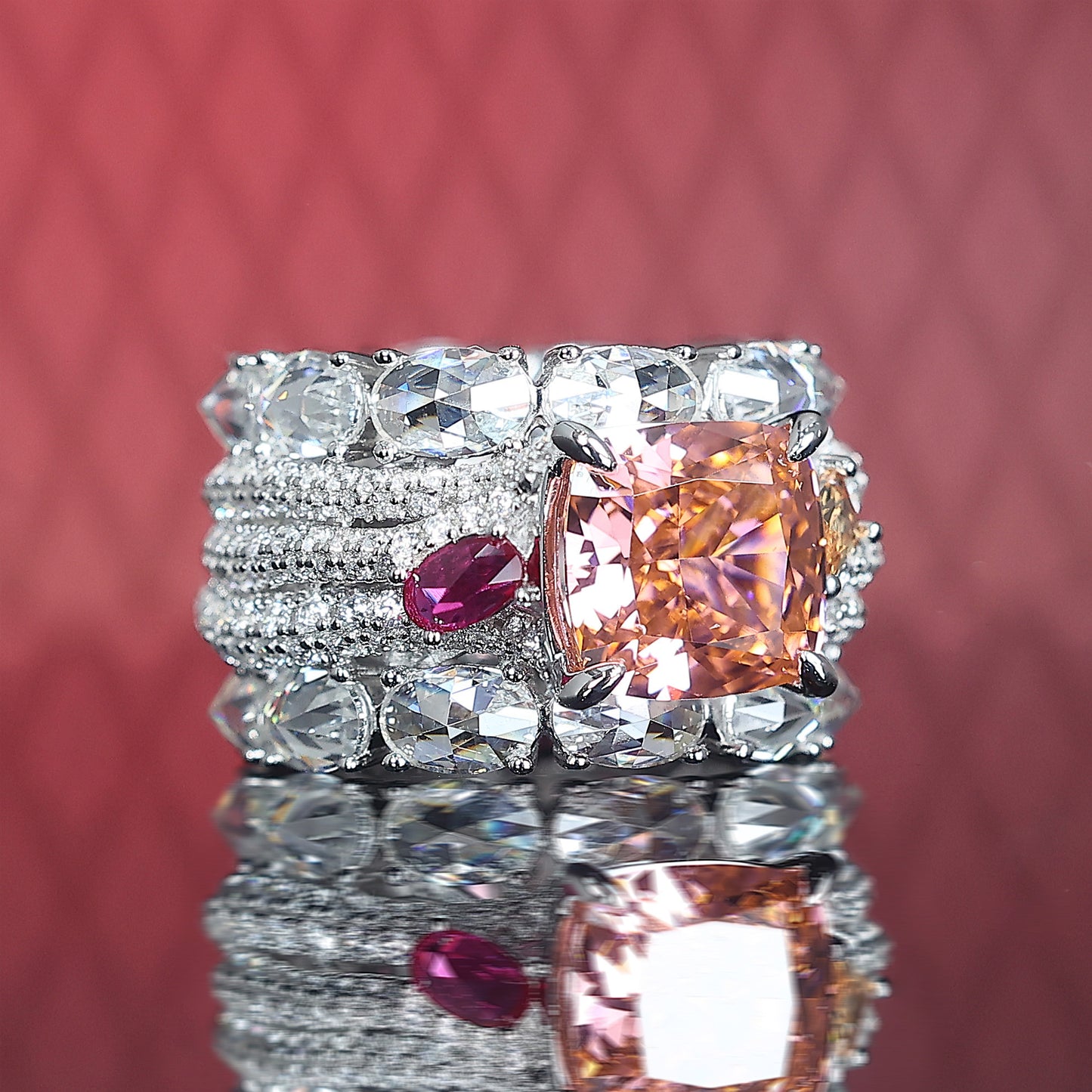 Micro-setting Sunset color Lab created stones fancy artistic detailed ring, sterling silver