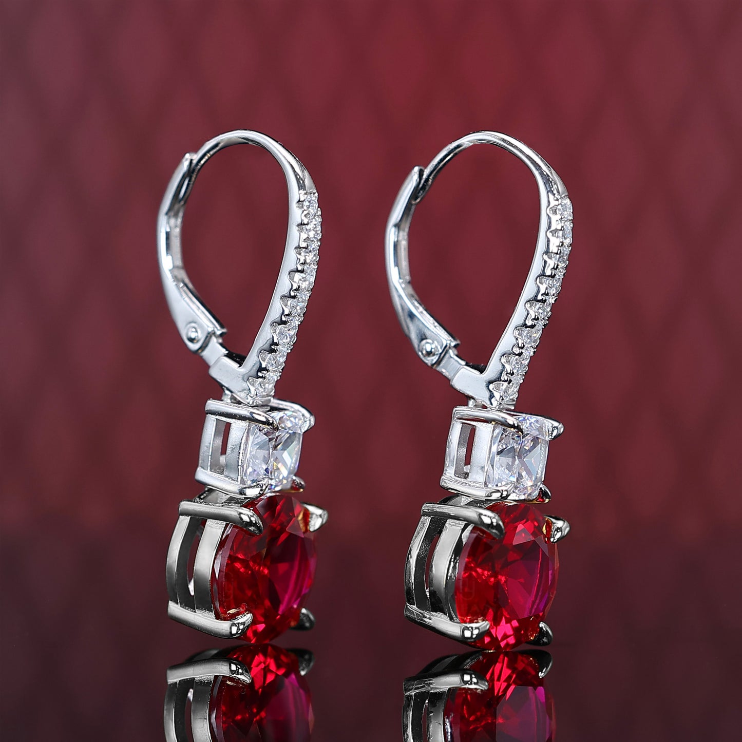 Micro-setting Ruby color round lab created stones 4 prong hook earrings, sterling silver