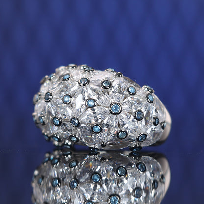 Limited edition Micro-setting clear and blue diamond color Lab created stones Bright Moon ring, sterling silver