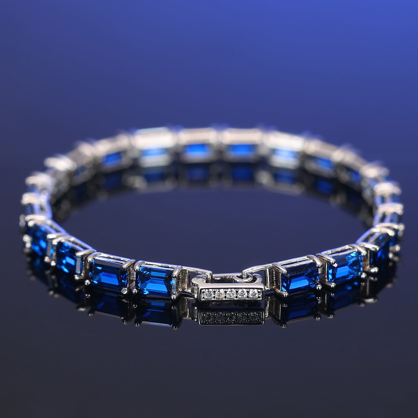 Blue emerald-cut Lab created stones tennis bracelet
