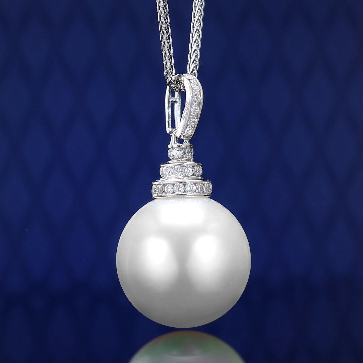 Micro-setting lab created stones White Shell Pearl Classic necklace, sterling silver