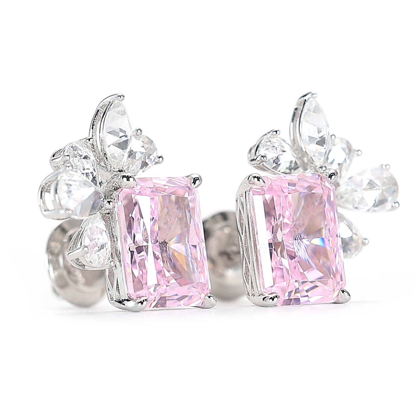 Promotional design Micro-setting Sakura pink diamond color lab created stones romantic ear studs, sterling silver