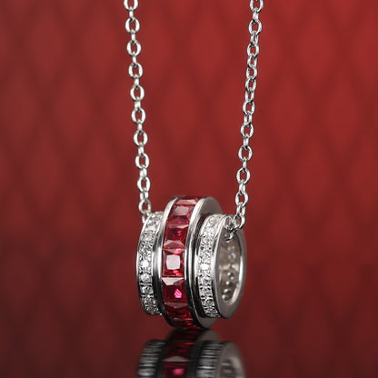 Micro-setting Ruby color invisible setting Lab created stones Fidget Spinner necklace, sterling silver