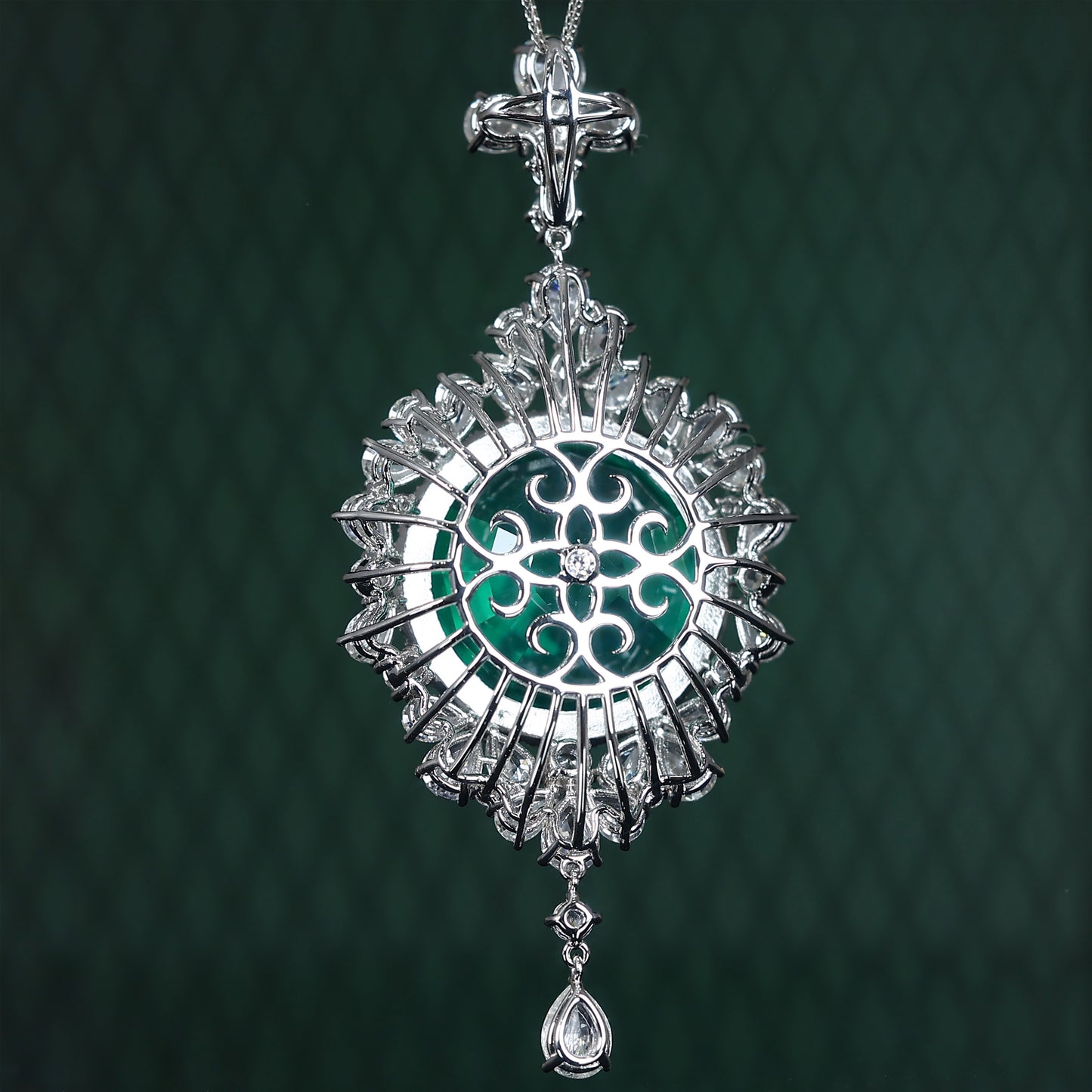 Micro-setting Emerald color Round Lab created stones Fancy lace pendant, sterling silver.(82.32 carat).