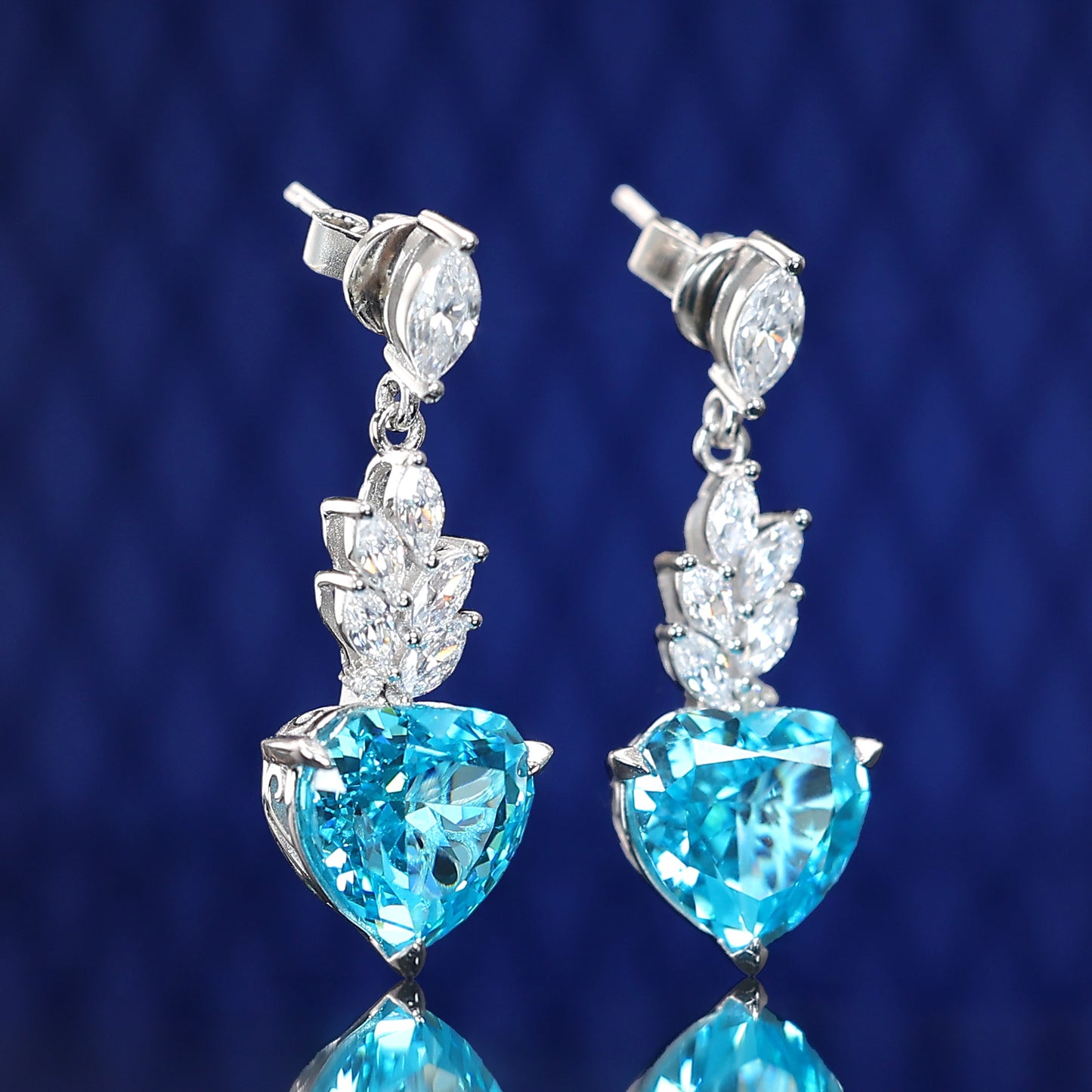Micro-setting aquamarine color Lab created stones The heart of Cupid earrings, sterling silver