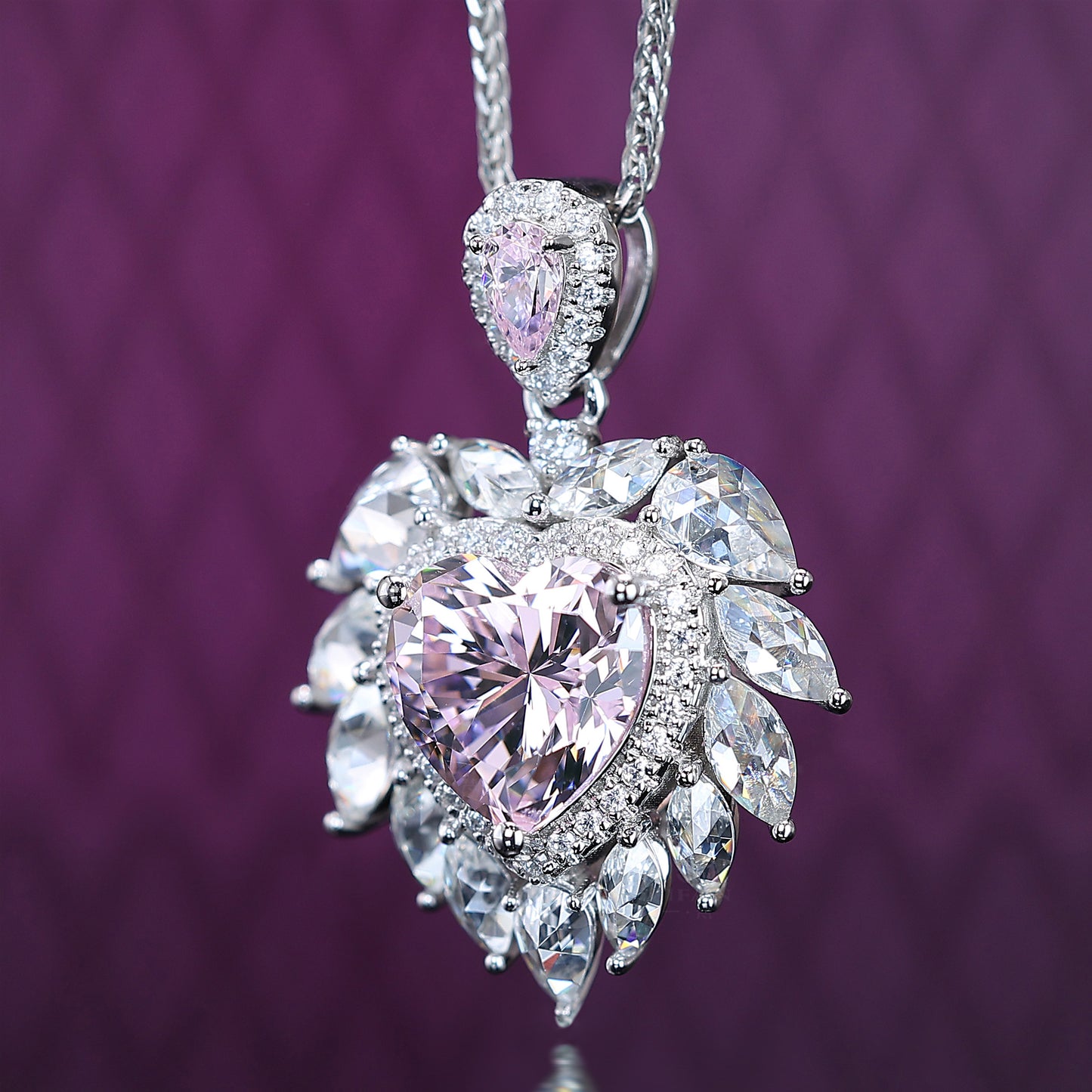 Special offer Micro-setting Pink diamond color Lab created stones fore ever heart necklace, sterling silver.