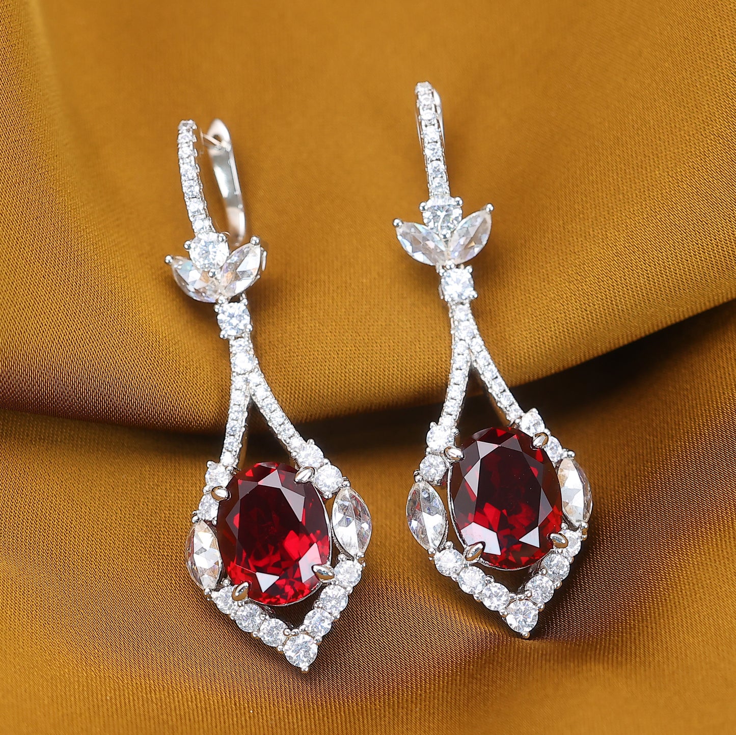 Micro-setting Ruby color lab created stones fancy earrings, sterling silver.