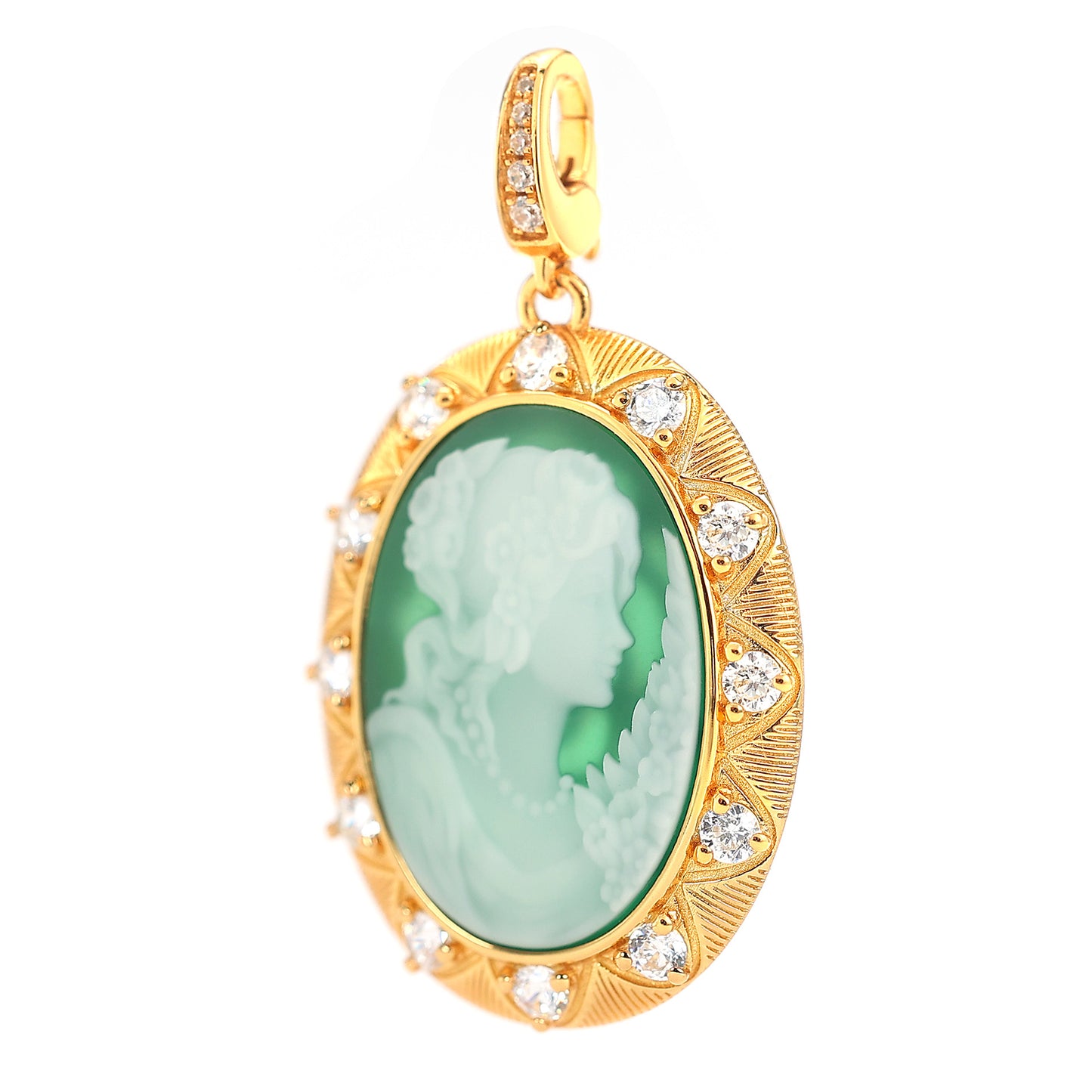 Fancy detailed Cameo agate princess pendant, sterling silver. 18K yellow gold plating