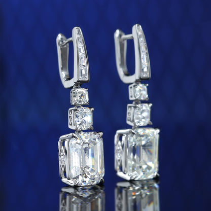 Micro-setting Emerald-cut lab created stones 3 main stones earrings, sterling silver