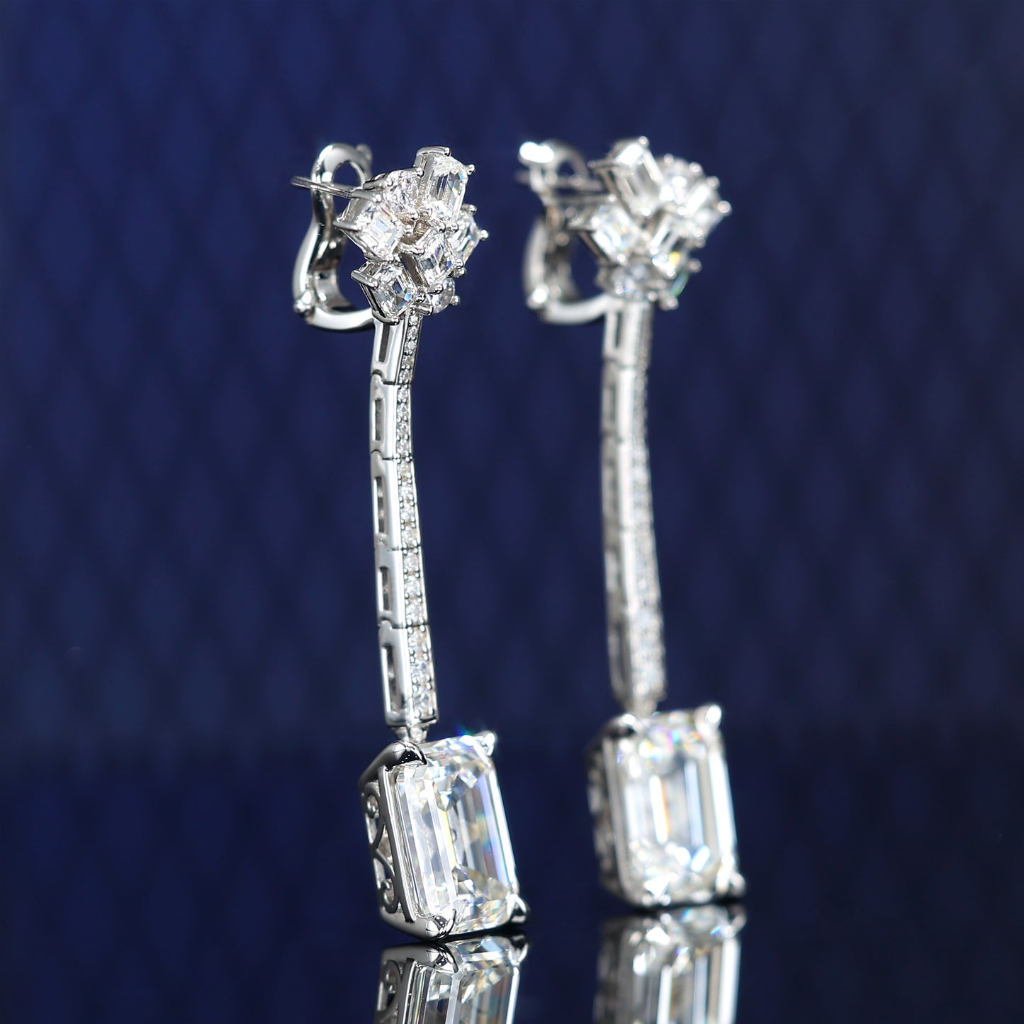 Micro-setting Emerald-cut lab created stones irregular dangle earrings, sterling silver