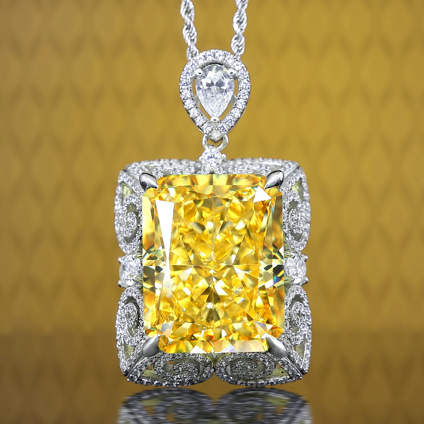 Customized design Micro-setting Yellow diamond color Lab created stones treasure necklace, sterling silver. (20 carat)