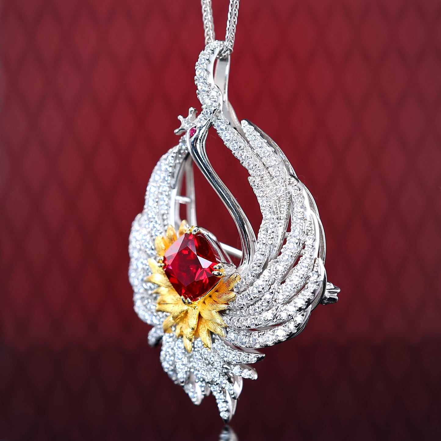 Micro-setting Ruby color Lab created stones red-crowned crane multi-purpose necklace and brooch, sterling silver