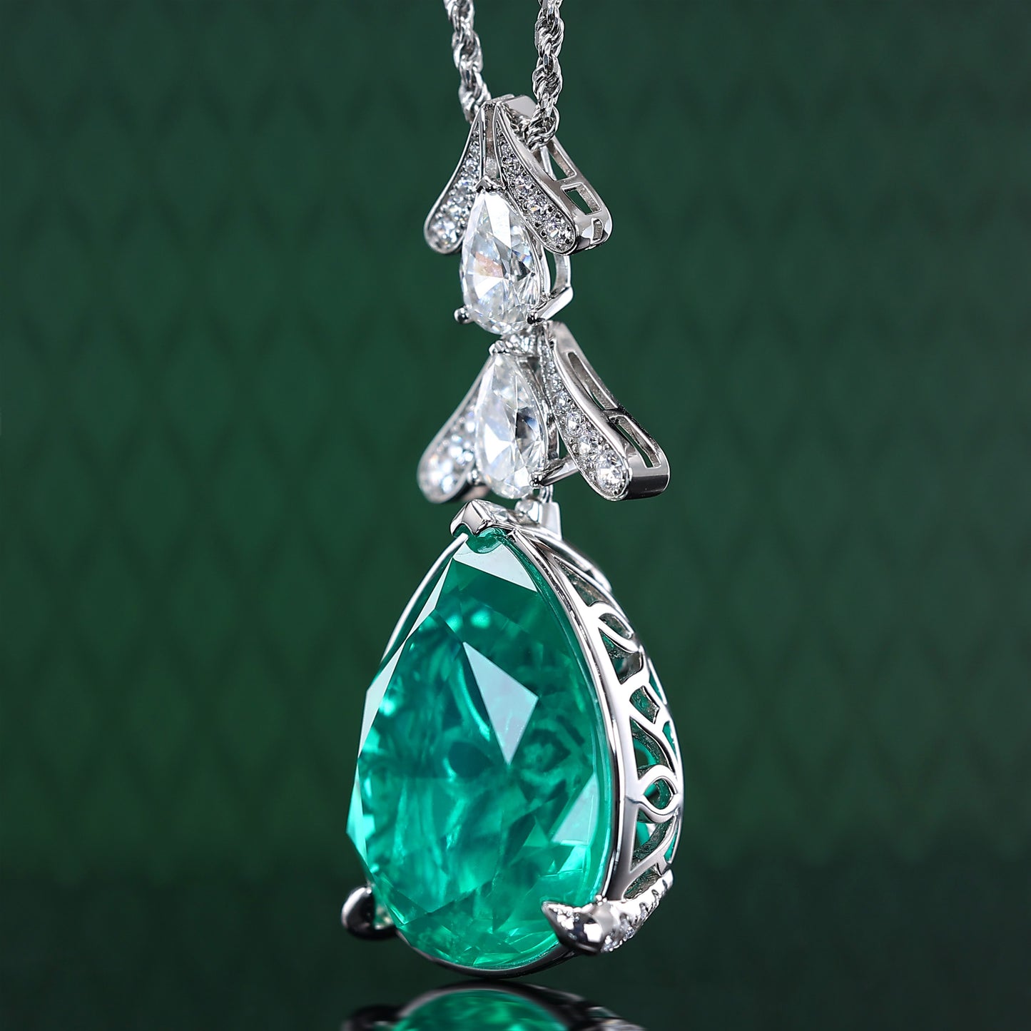 Micro-setting Emerald color Lab created stones water-drop fancy necklace, sterling silver