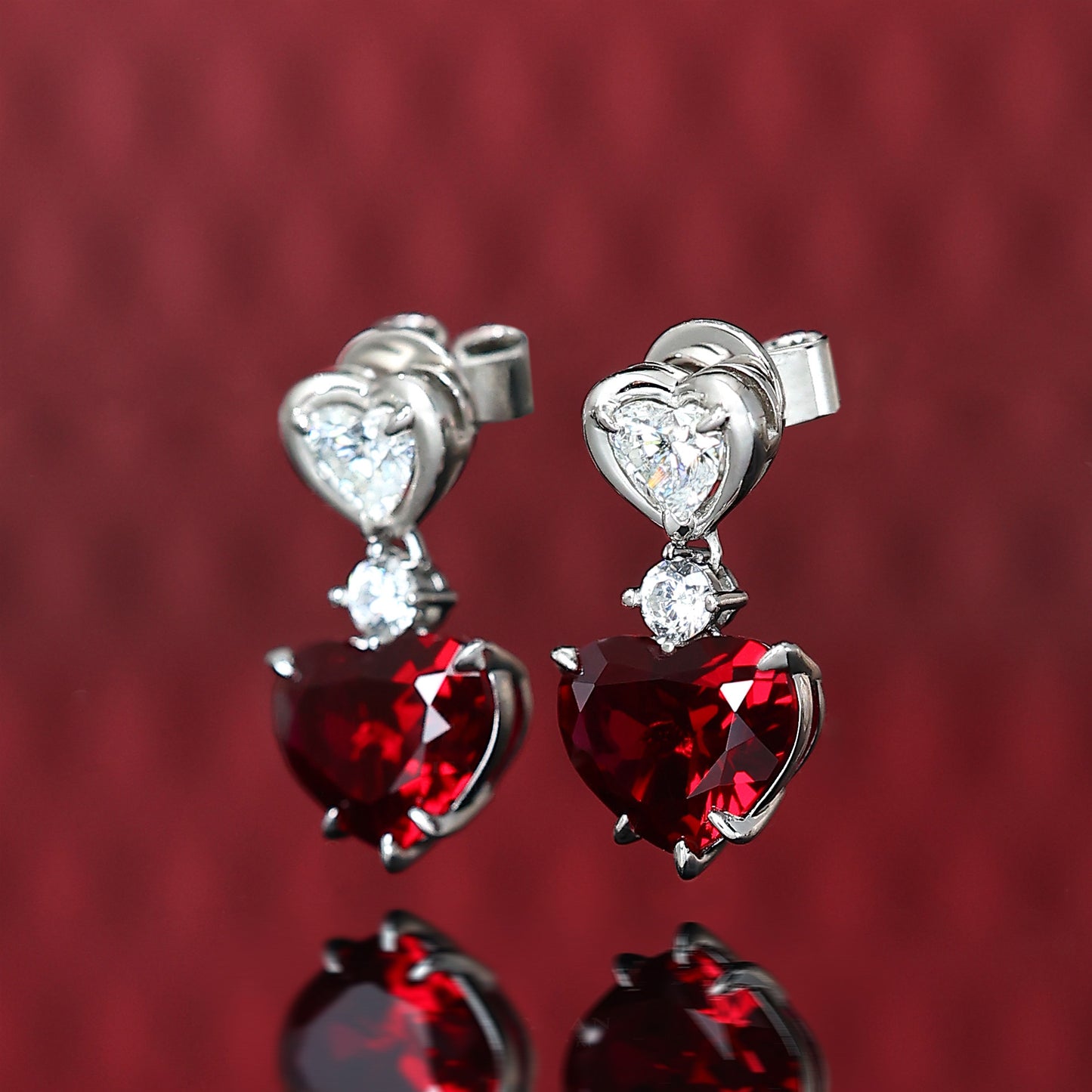 Special offer Micro-setting Ruby color Lab created stones heart earrings, sterling silver
