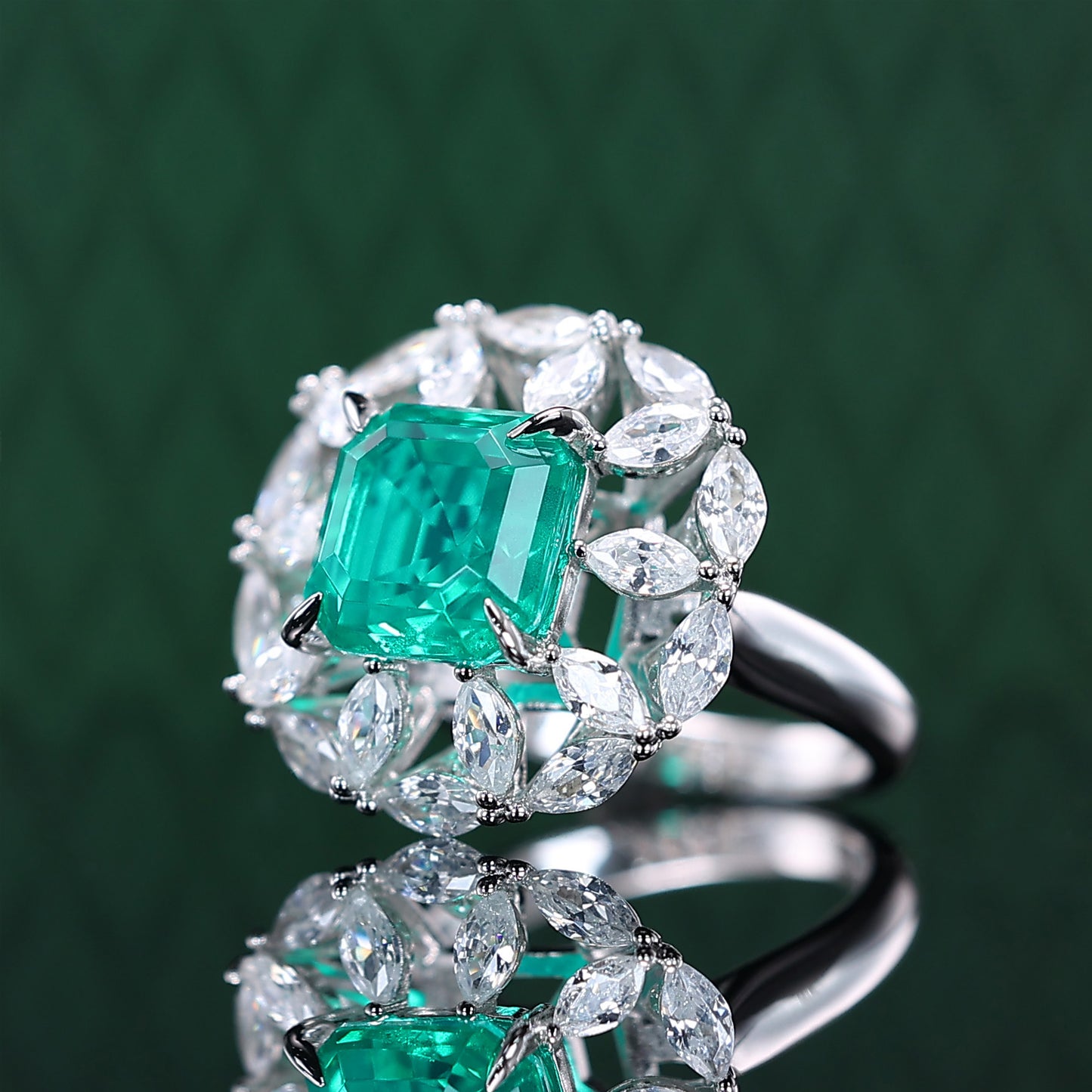 Micro-setting Emerald color and marquise Lab created stones square shape 4 prong ring, sterling silver