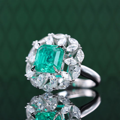 Micro-setting Emerald color and marquise Lab created stones square shape 4 prong ring, sterling silver