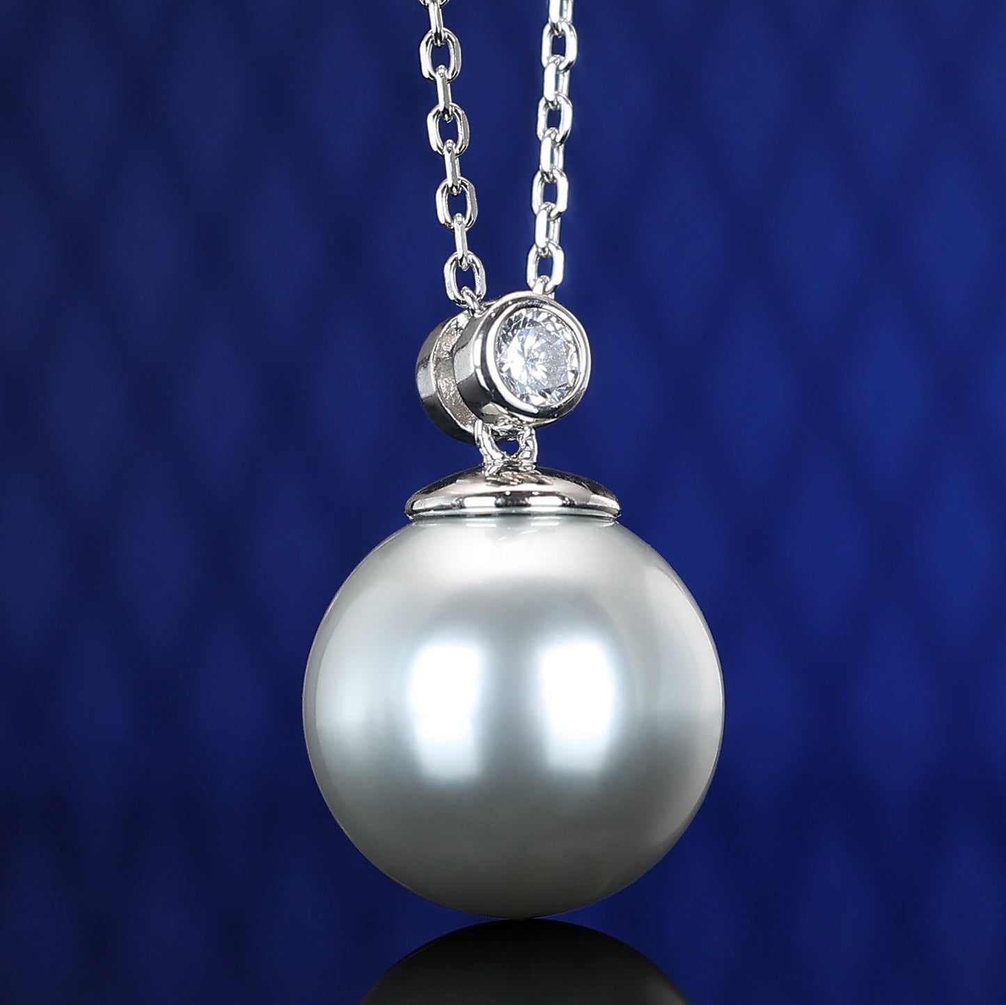 Micro-setting lab created stones Light grey Shell Pearl Classic necklace, sterling silver.