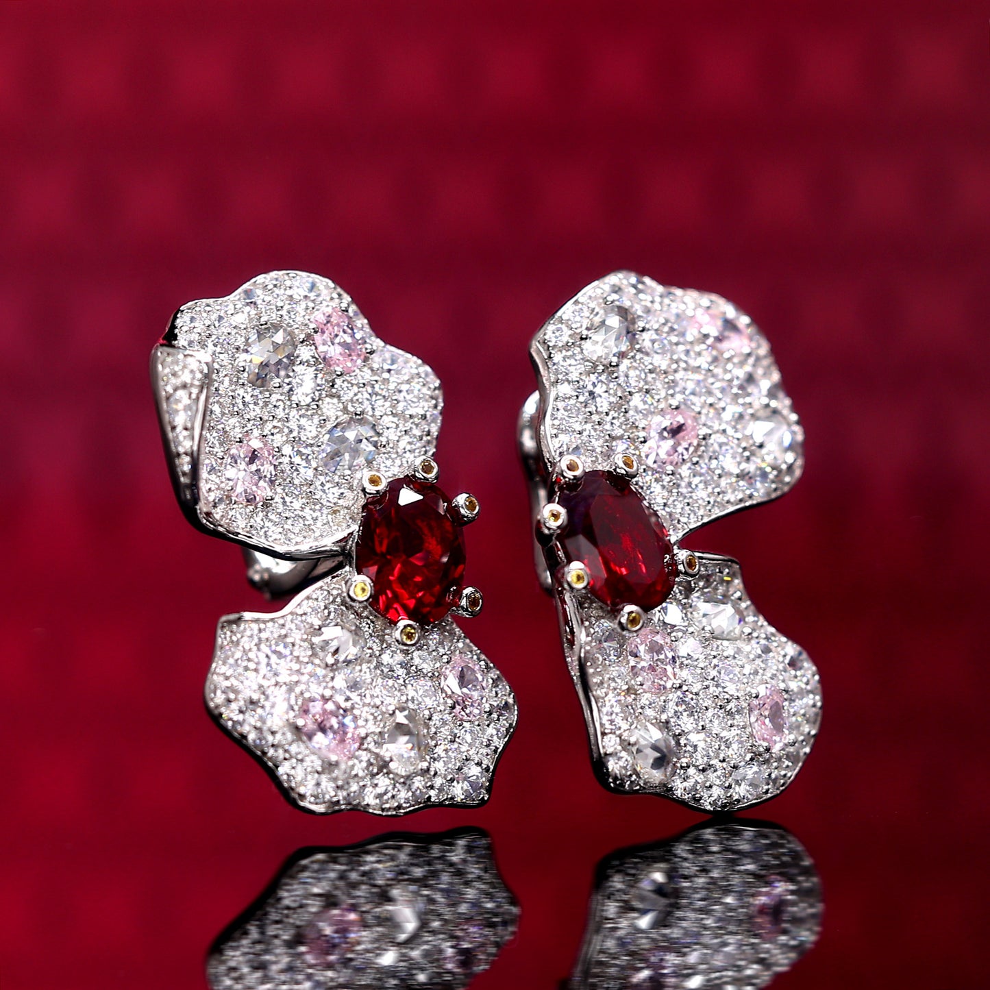 Special Offer Micro-setting ruby-pink-white color Lab created stones artistic butterflies' earrings, sterling silver.