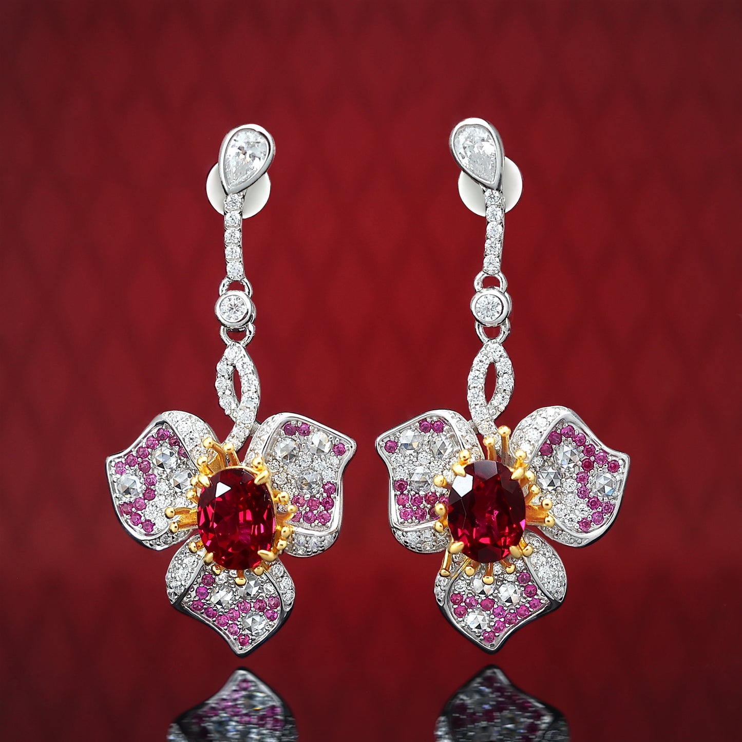 Boucles d'oreilles fantaisie à 3 pétales de pierres créées par le laboratoire couleur rubis et diamant rose en édition limitée, argent sterling