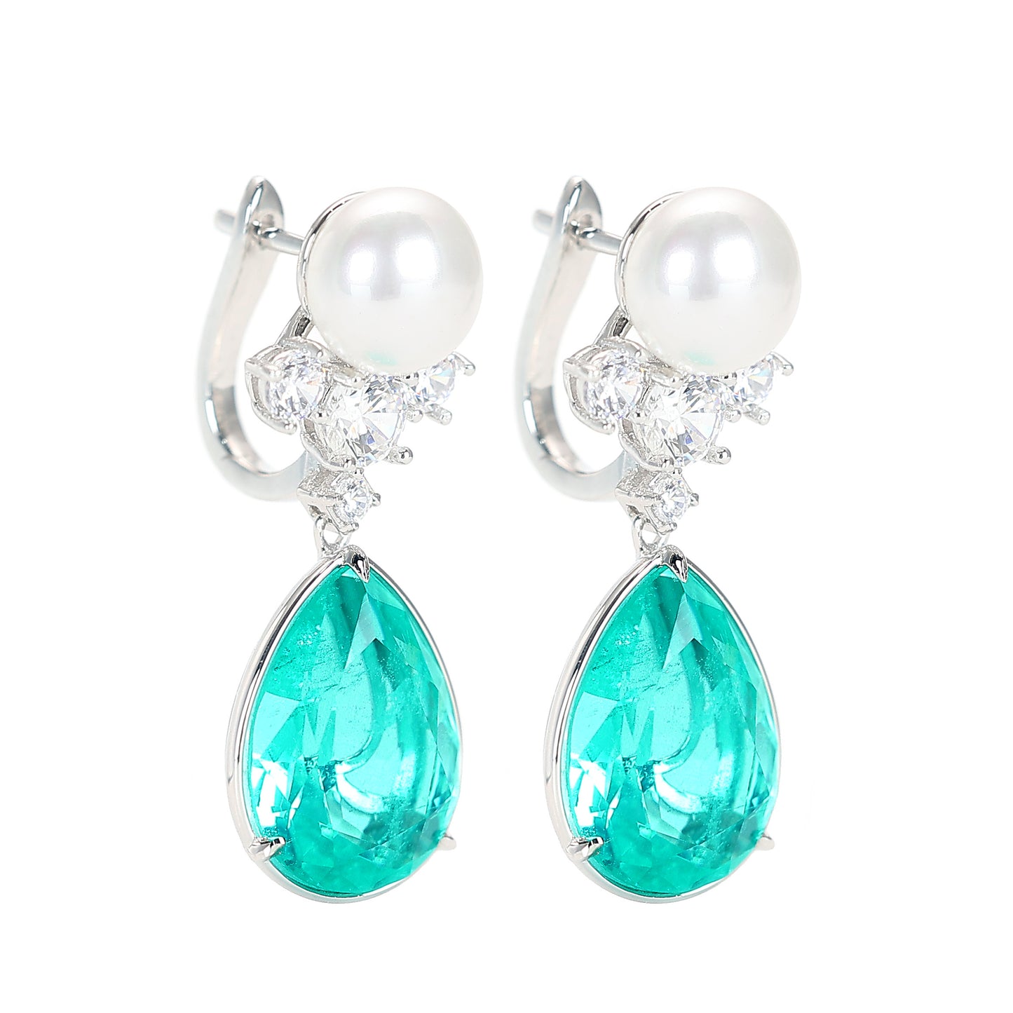 Micro-setting Paraiba color Lab created stones Teardrop earrings, sterling silver