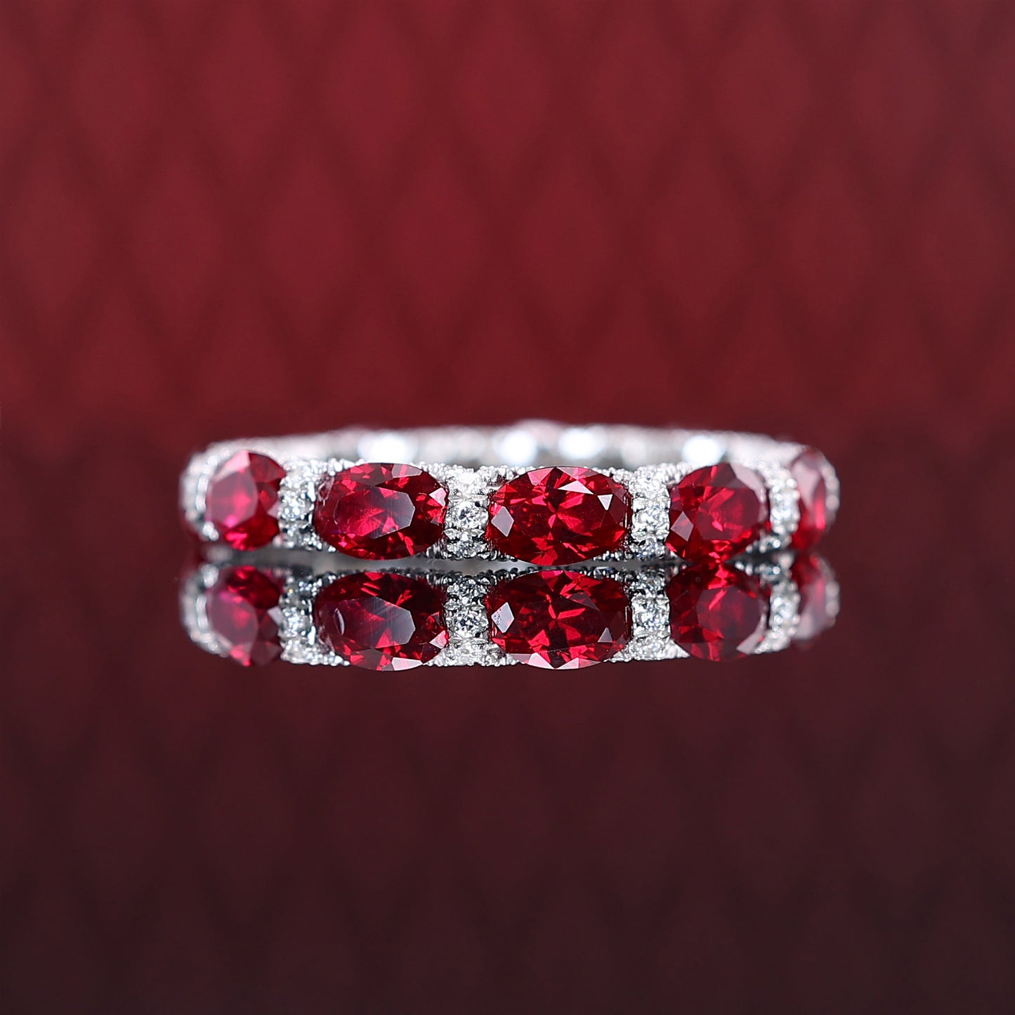 Micro-setting  Ruby color Lab created stones detailed band ring, sterling silver