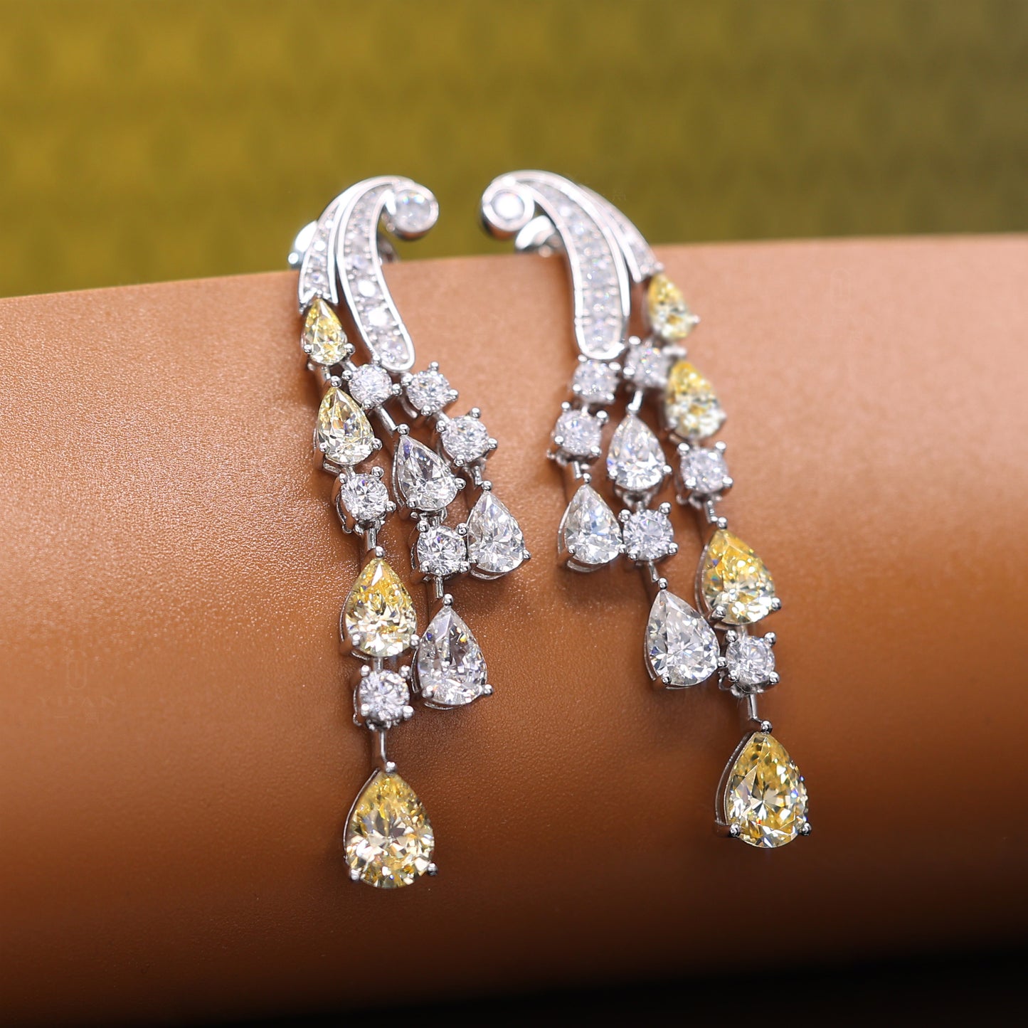 Micro-setting Yellow and white diamonds color Lab created stones teardrop earrings, sterling silver