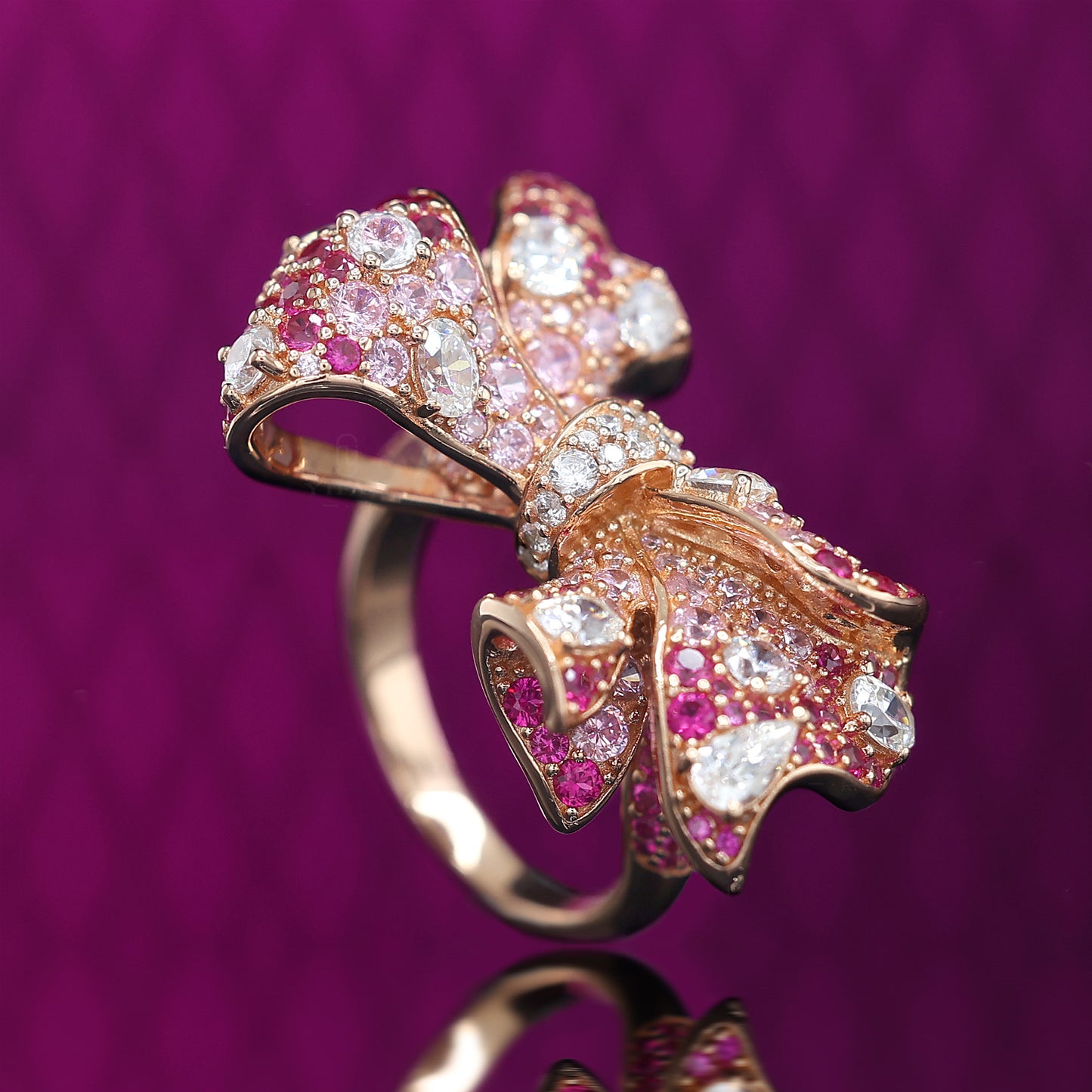 Micro-setting mixed color Lab created stones Love of Butterfly rose-gold plating ring, sterling silver
