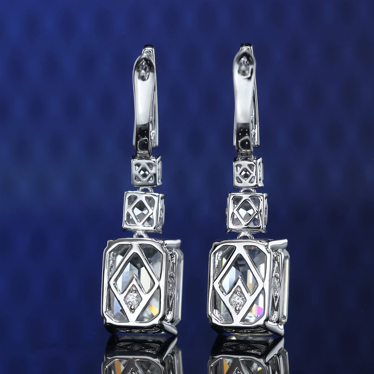 Micro-setting Emerald-cut lab created stones 3 main stones earrings, sterling silver