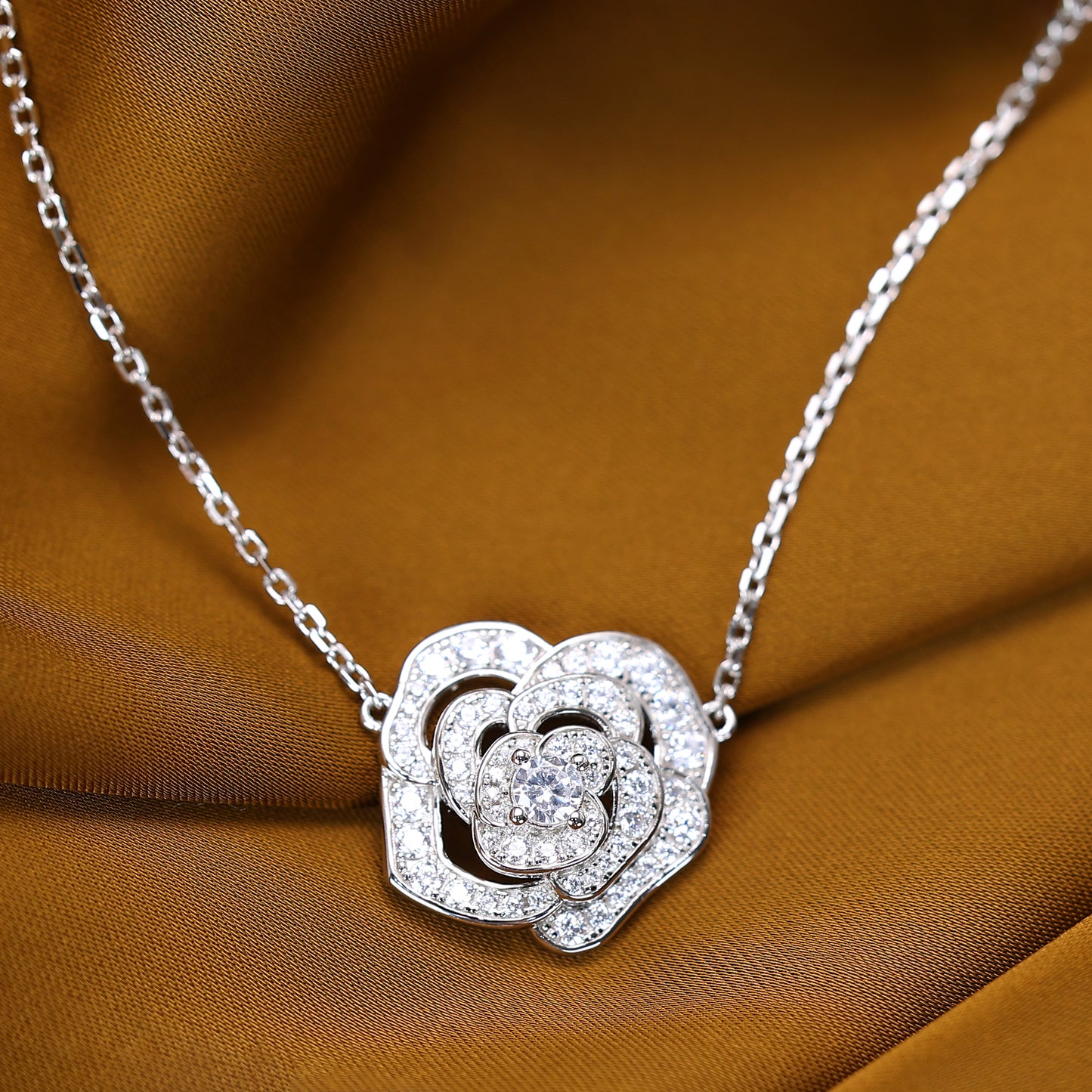 Micro-setting Lab created stones Camellia necklace, sterling silver.