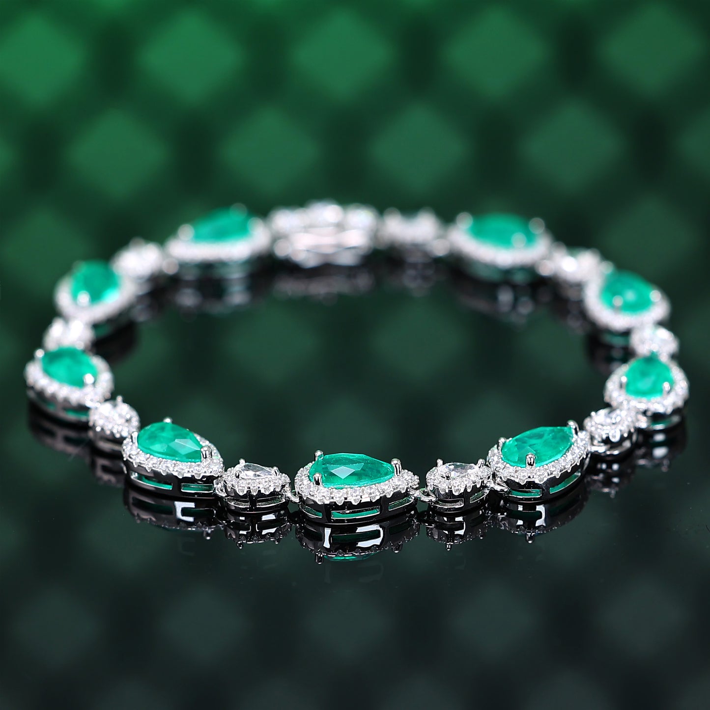 Micro-setting Emerald color Lab created stones fully studded waterdrop bracelet, sterling silver