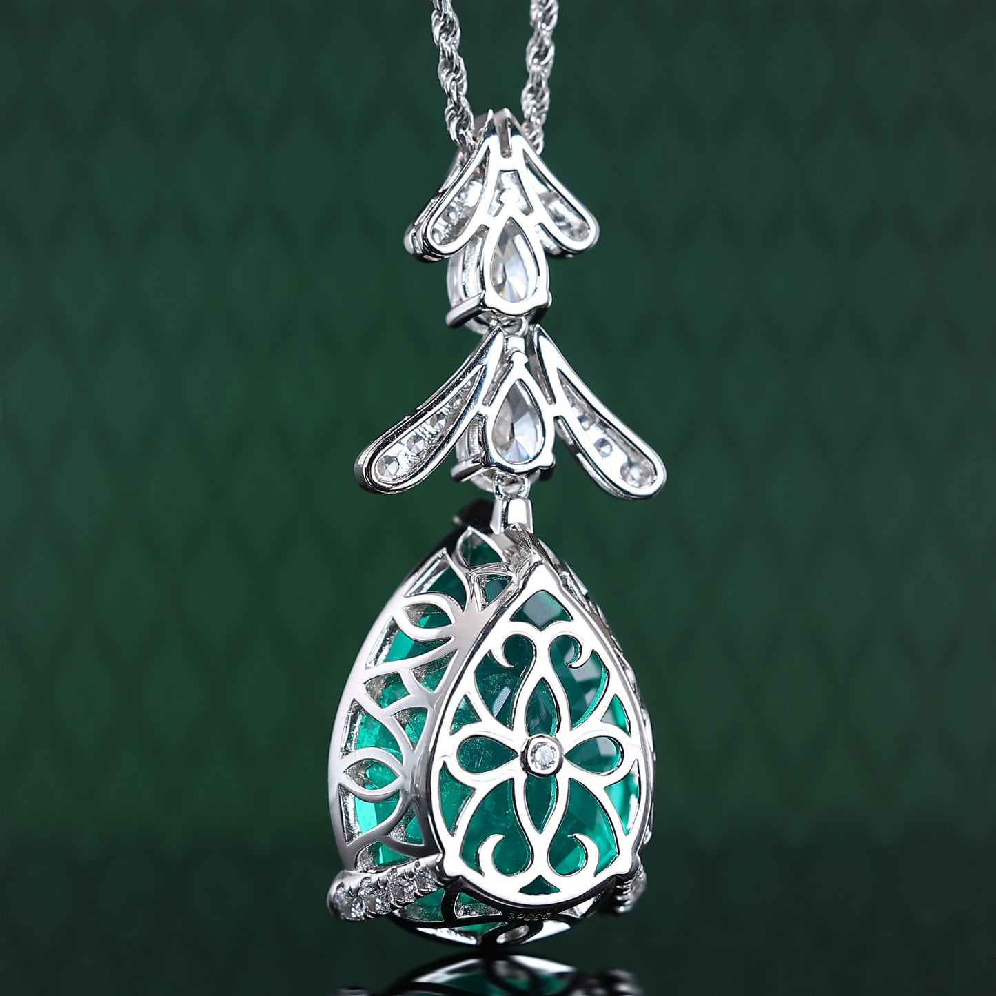 Micro-setting Emerald color Lab created stones water-drop fancy necklace, sterling silver