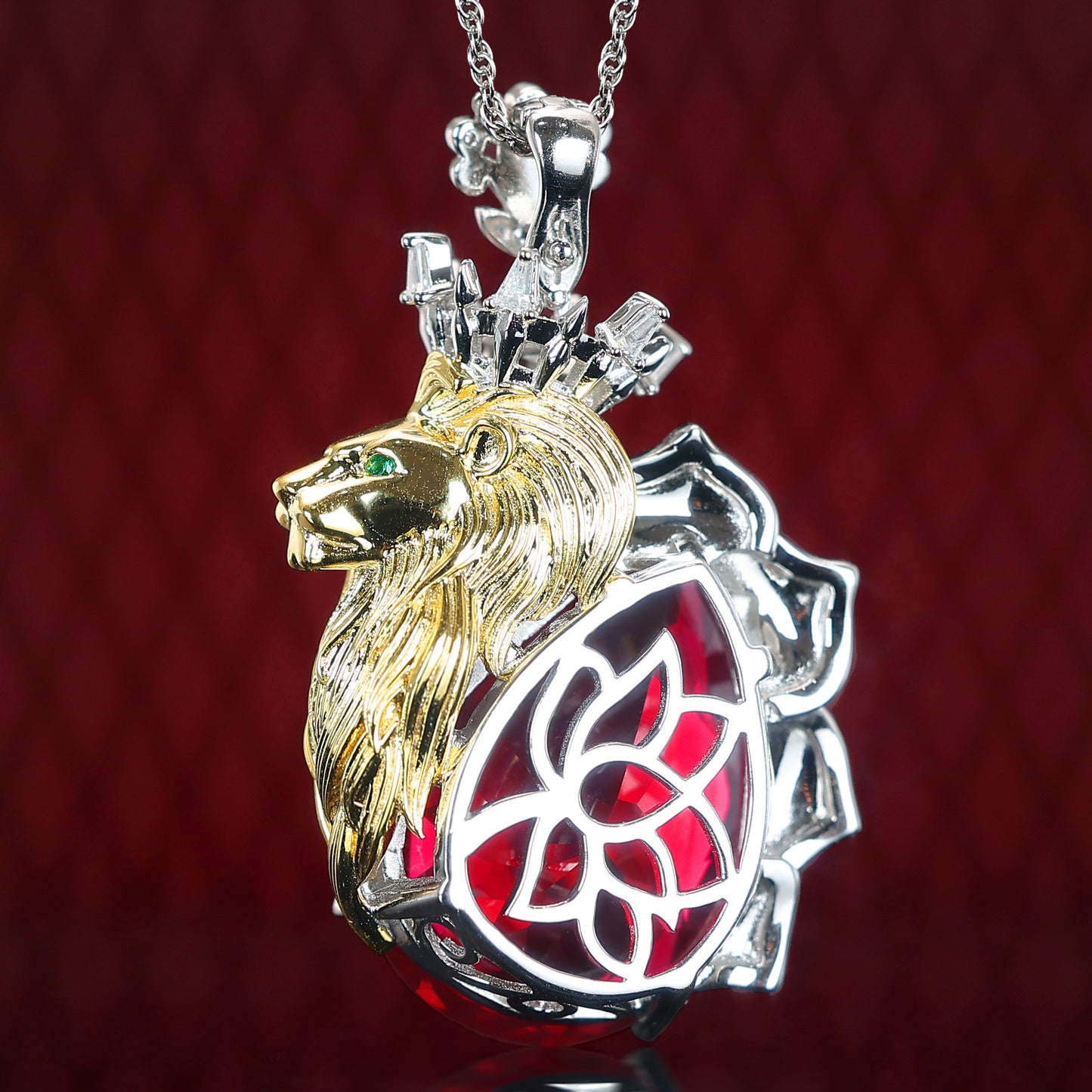 Micro-setting Ruby color lab created stones Double platting the lion king pendant, sterling silver