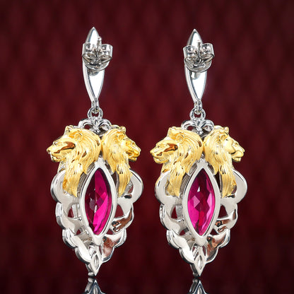 Pierres créées en laboratoire de couleur rubis micro-serties Double placage des boucles d'oreilles du roi lion, argent sterling