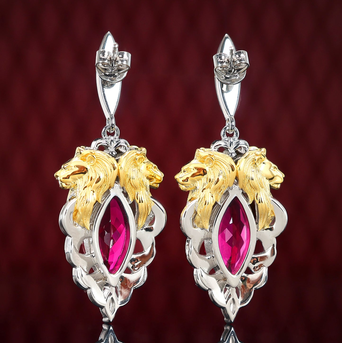 Micro-setting Ruby color lab created stones Double platting the lion king earrings, sterling silver